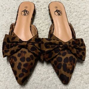 Trary Brown Leopard Bow Mules